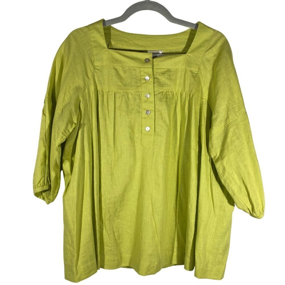 Sandro linen blend square neck 3/4 sleeve green popover blouse women’s L